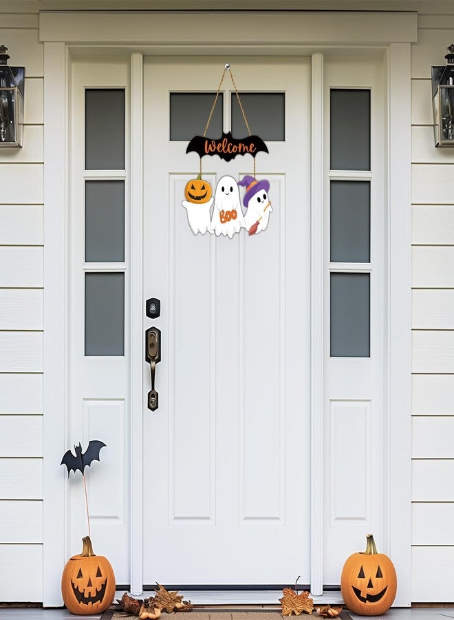 YUNKKIN Halloween Door Decorations Cute Ghost Decor Wreath Bat Welcome Sign Wooden Front Door Hanger Bat Ghost Hanging Sign Wreath for Wall Indoor Home Decor - Image 3